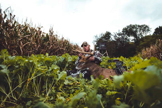 hunting blind for bow hunting deer. Man with deer and bow resting on deer chest, hunting blind in background