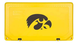 yellow grizzly cooler lid with black iowa hawkeyes logo